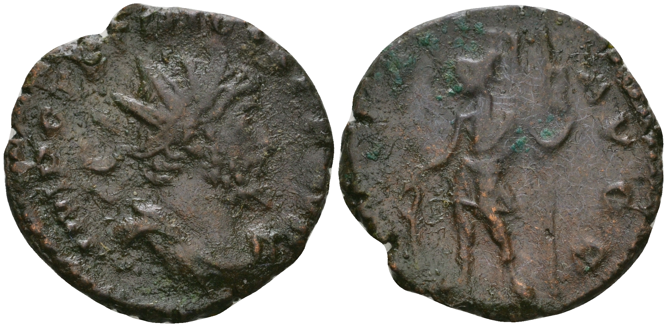 Римская Империя, императоры в Галлии антониниан 271 - 274 Тетрик, IMP TETRICVS P F AVG, бюст императора / VIRTVS AVGG, Виртус, персонификация Воинской Доблести RIC 148 биллон 1073-19-16