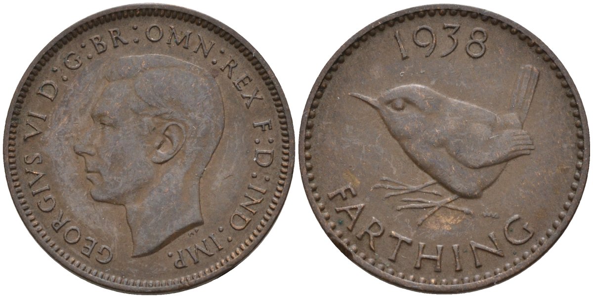 Великобритания 1 фартинг 1938 Георг VI (1936-1952) KM 843, Spink 4116 бронза 4596-961