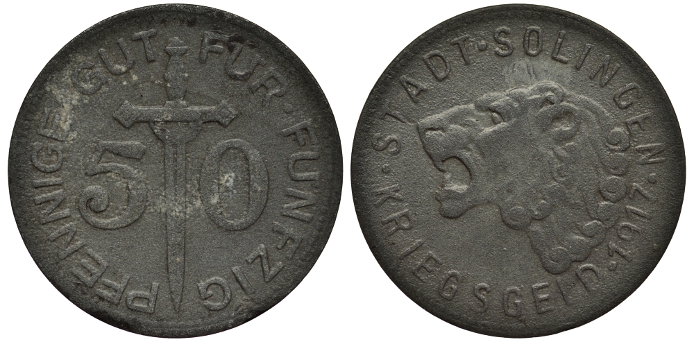 ГЕРМАНИЯ 50 ПФЕННИГОВ 1917 КРИГСГЕЛЬД, ГОРОД ЗОЛИНГЕН, ГОЛОВА ЛЬВА 1529-341