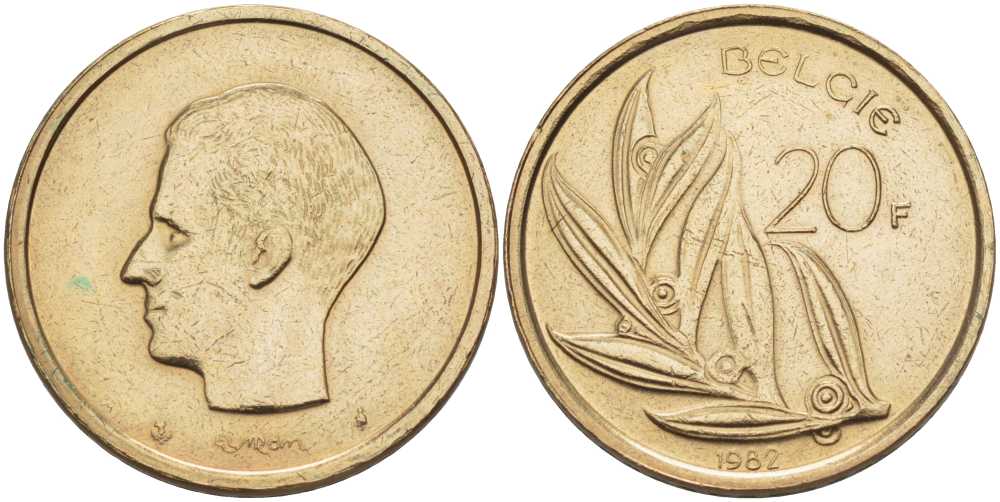 БЕЛЬГИЯ 20 ФРАНКОВ 1982 BELGIE, БОДУЭН I (1951-1993) KM 160 никель бронза 213-451