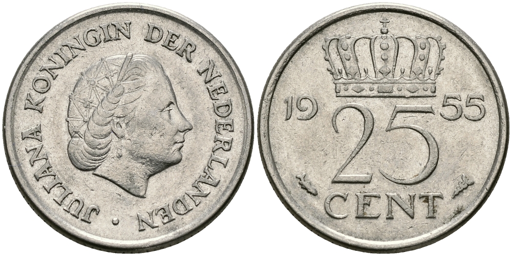 Нидерланды 25 центов 1955 Юлиана (1949-1980) KM 183 никель 96-133