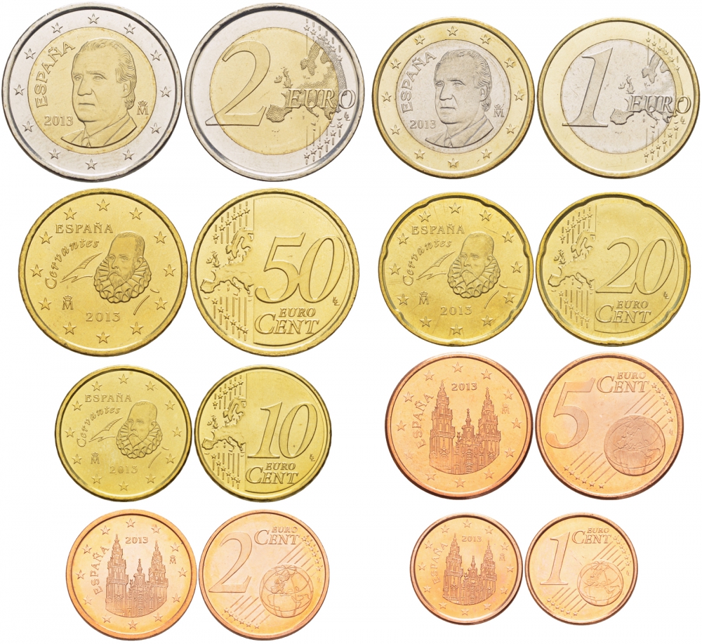 Испания евронабор из 8 монет 2013 1, 2, 5, 10, 20, 50 евроцентов, 1 и 2 евро KM 1040, 1041, 1042, 1070, 1071, 1072, 1073, 1074 N6-15