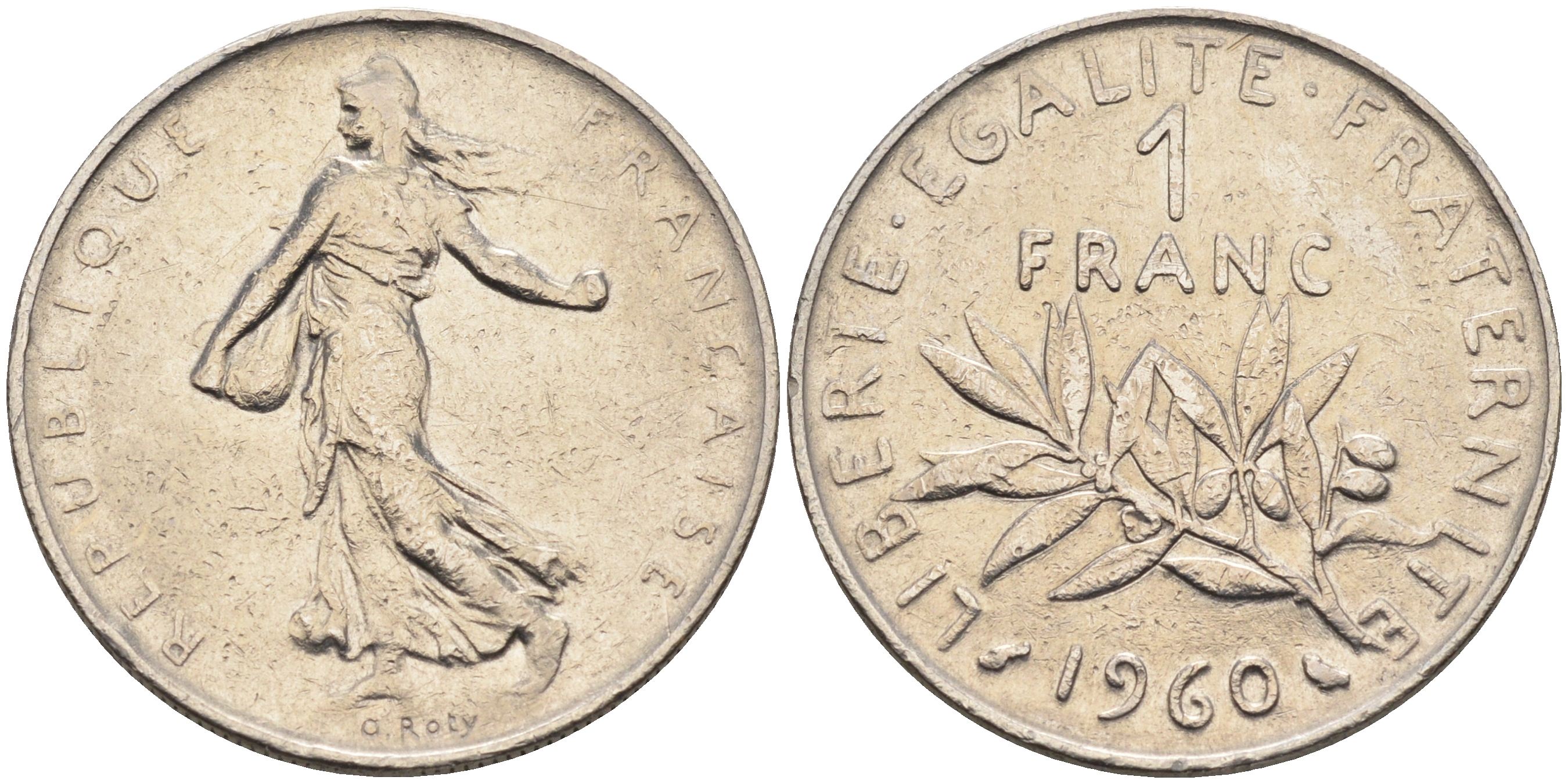 Франция 1 франк 1960 сеятель KM 925.1, LE FRANC 226.4 никель    4177-217