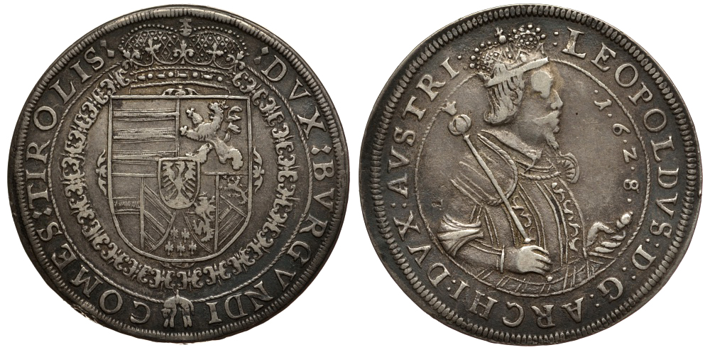 Австрия, Священная Римская империя, Тироль 1 талер 1628 дом Габсбургов, Эрцгерцог Леопольд V  Тирольский (1619-1632), монетный двор Халл Davenport 3338 серебро 00-803-05