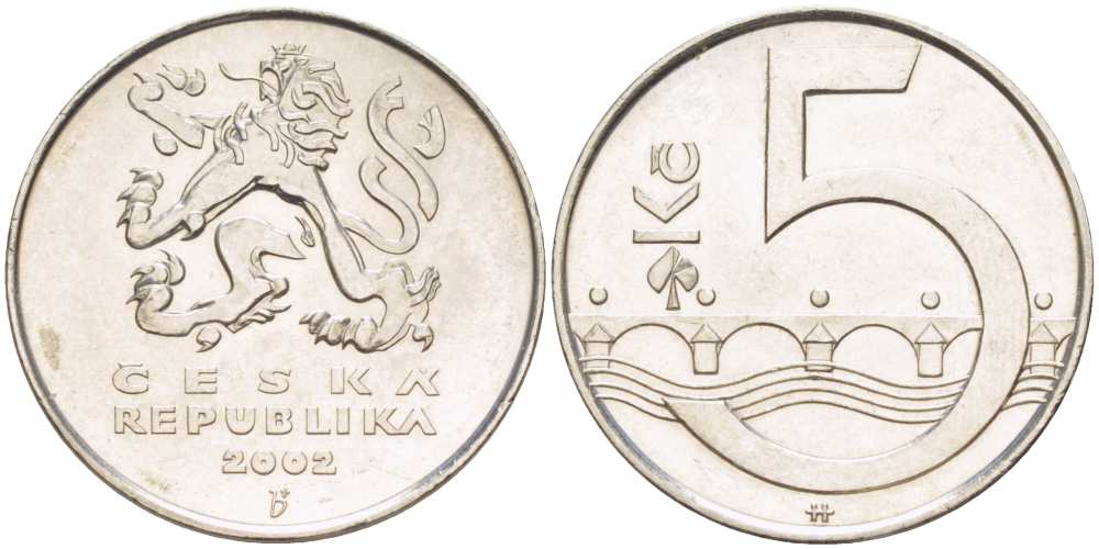 Чехия 5 крон 2002 чешский лев, Карлов мост KM 8 сталь плакированная никелем 4514-727