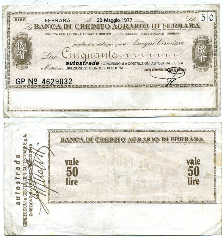 Италия 50 лир 1977 20 мая 1977 Banca Di credito agrario Di ferrara бумага 7484-14-3