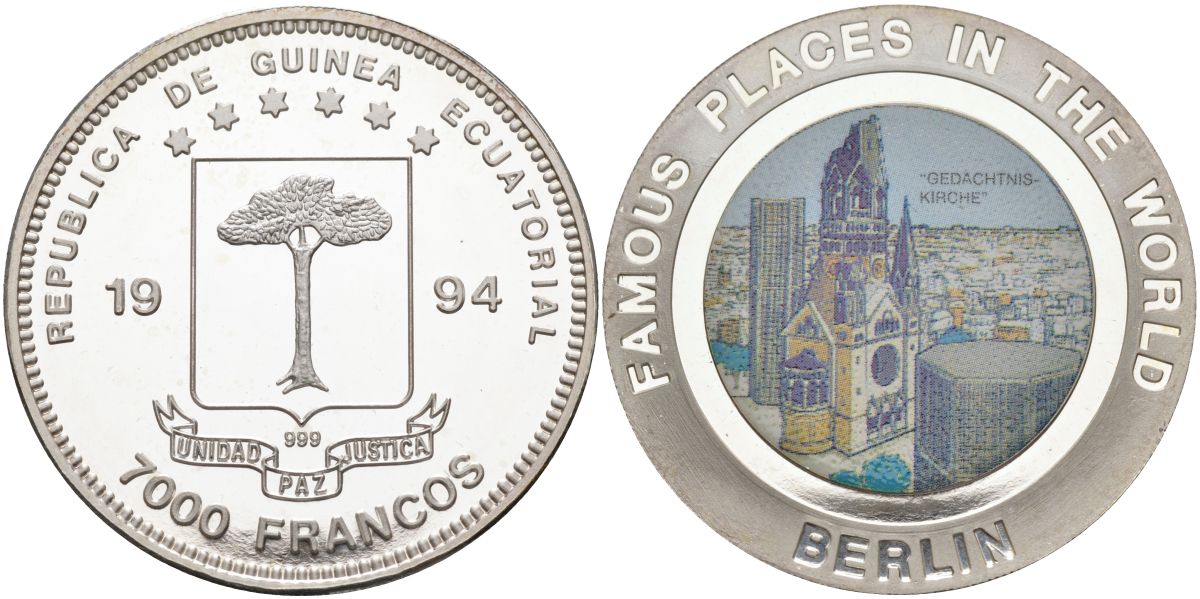 Экваториальная Гвинея 7000 франков 1994 серия достопримечательности, Берлин, руины собора кайзера Вильгельма, цветная эмаль, тираж 10000 экз. KM 137 серебро PROOF 04-138-22