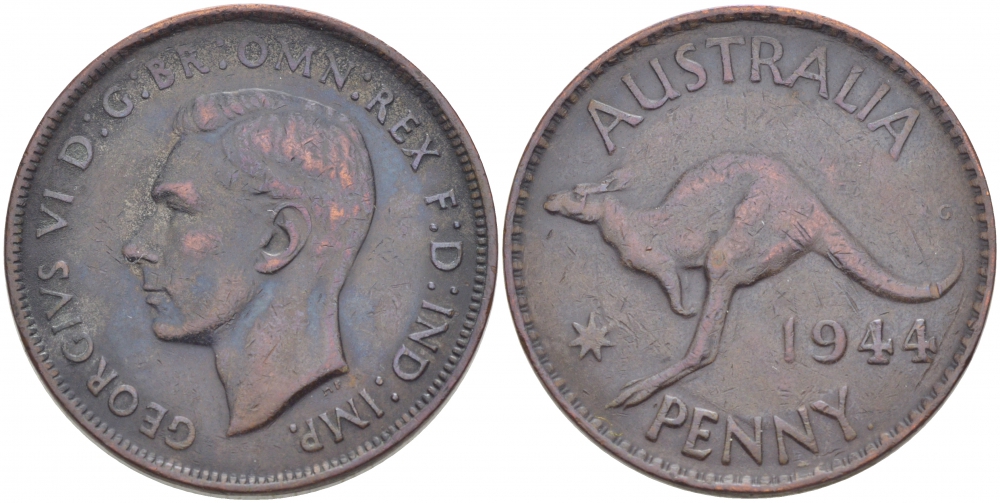 АВСТРАЛИЯ 1 ПЕННИ 1944 p, ГЕОРГ VI (1936-1952), КЕНГУРУ KM 36 бронза 4403-931