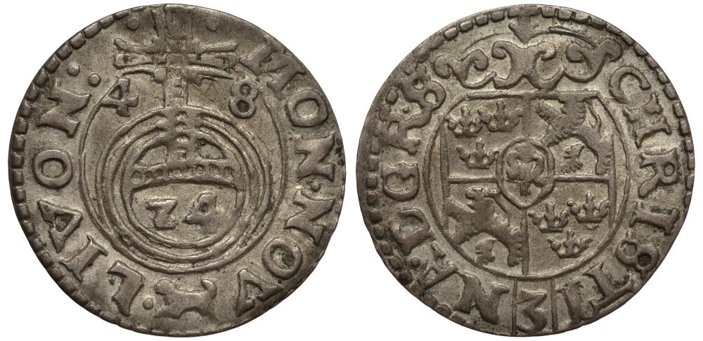 Ливония, Рига 1/24 талера 1648 Шведская оккупация, Кристина (1632-1654), минтмарк собака, вес 0,71 гр. KM 3, S.B. 2 a серебро 1516-622