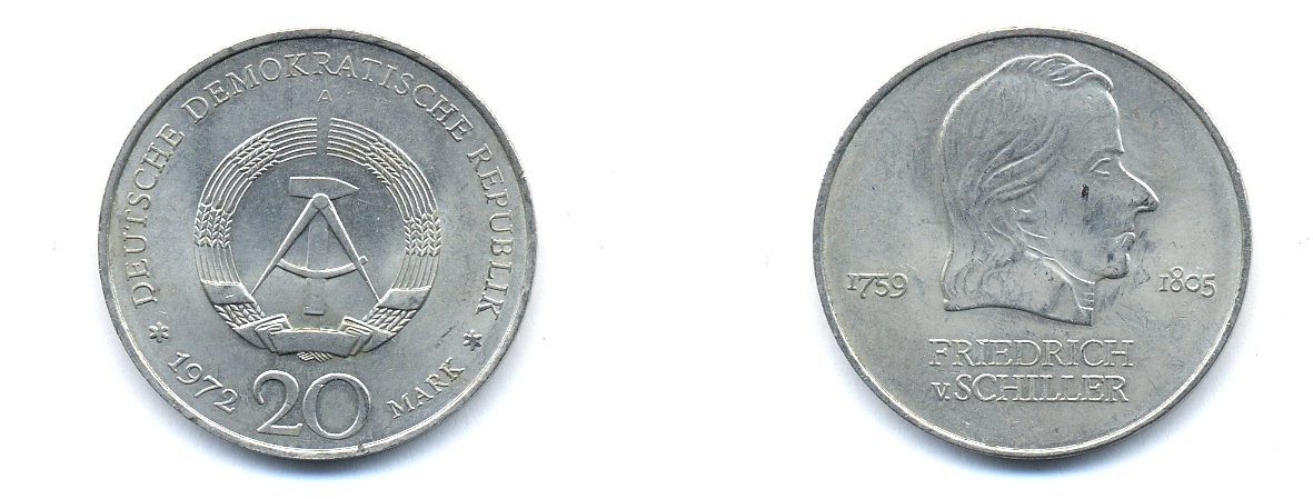 ГДР 20 марок 1972 А, Фридрих Шиллер (1759-1805) KM 40 медно-никель 3333-725
