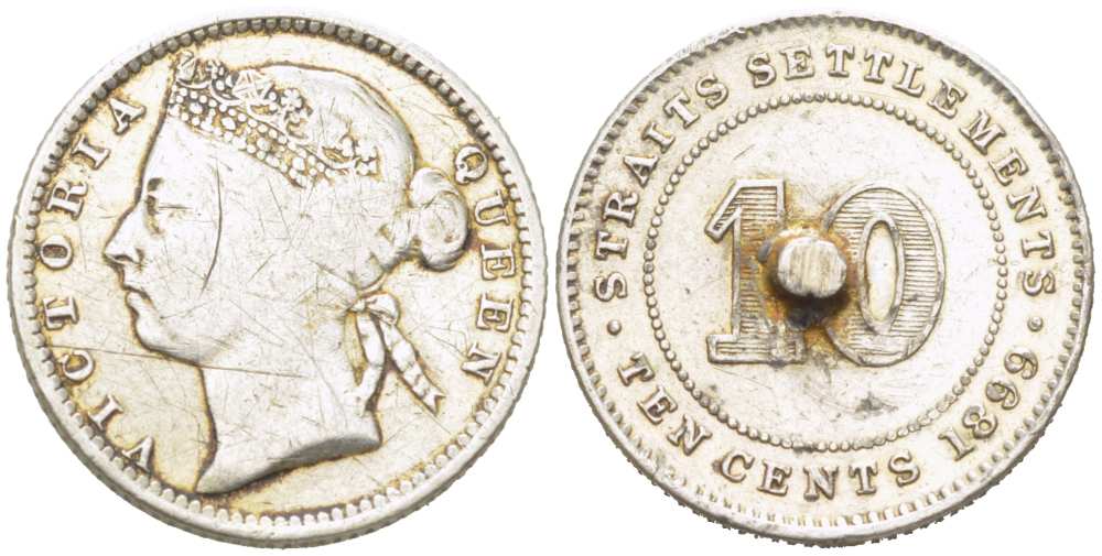 Стрейтс-Сетлментс 10 центов 1899 Виктория (1837-1901), напайка KM 11 серебро 217-446