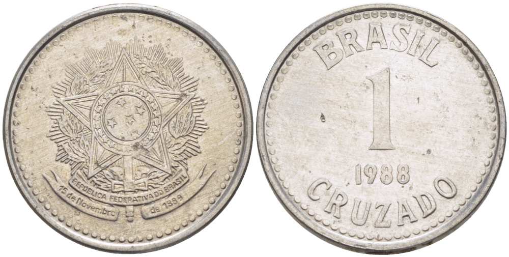 Бразилия 1 крузадо 1988 KM 605 нержавеющая сталь 217-526