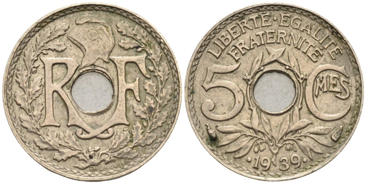 Франция 5 сантимов 1939 (.1939.), тип Линдауэр KM 875а, Le Franc 123.5 никель-бронза 4585-234