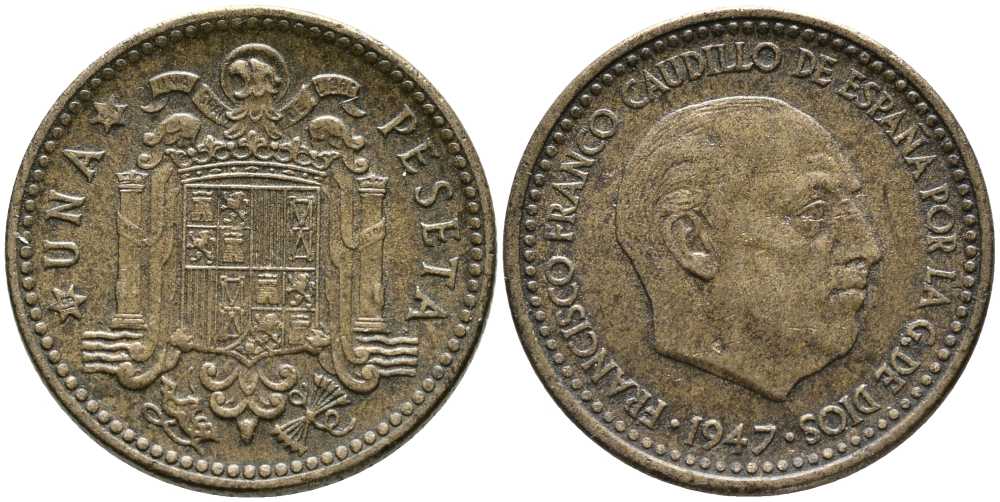 Испания 1 песета 1947 (54) Франсиско Франко (1939-1975) KM 775 алюминиевая бронза 110-954