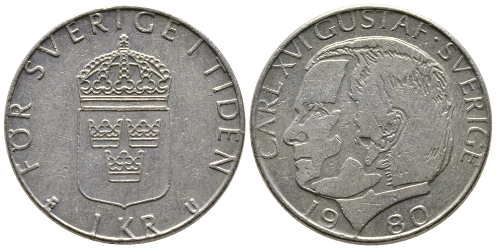 Швеция 1 крона 1980 Карл XVI Густав (1973- ) KM 852 медь плакированная медно-никелем 91-233