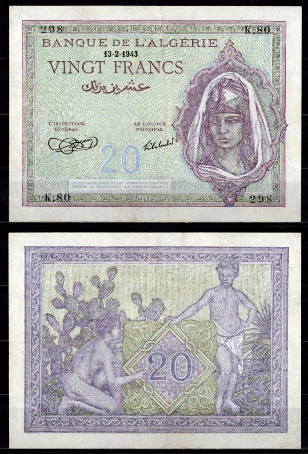 Алжир 20 франков 1943 Pick 92 a бумага 451-1123-2
