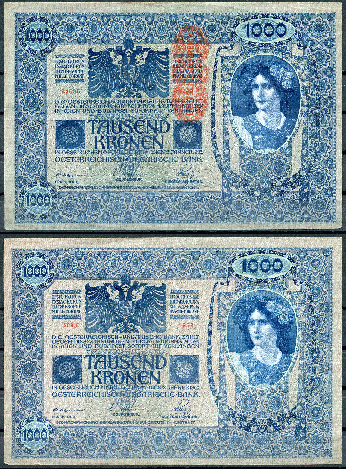 Австрия 1000 крон 1919 красная вертикальная надпечатка на 1902 Pick 59  бумага   8618-2-1-1