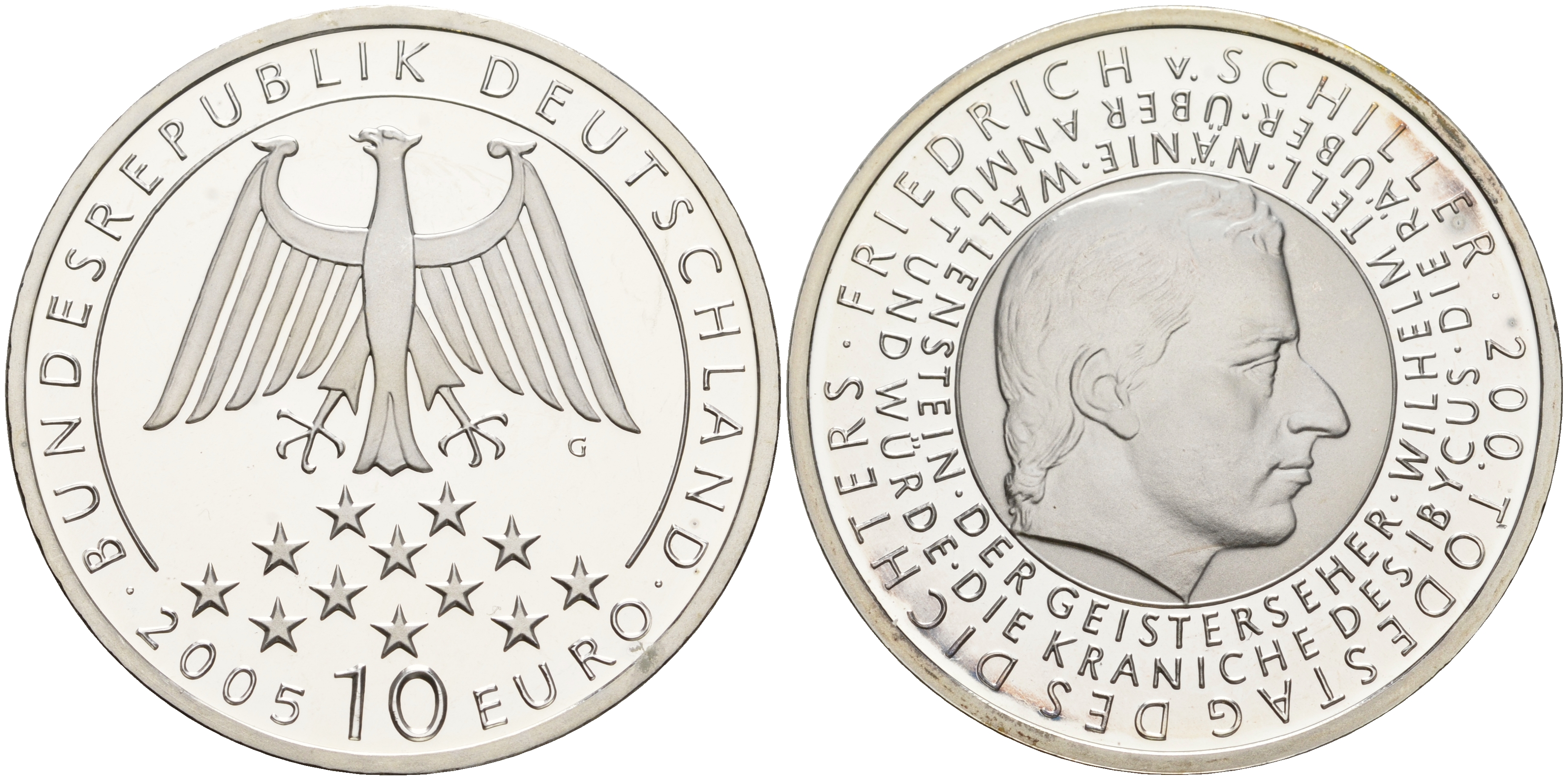 ФРГ 10 евро 2005 G, 200 лет со дня смерти Фридриха фон Шиллера KM 239, DE.S. 10.20 серебро PROOF 1076-3-53