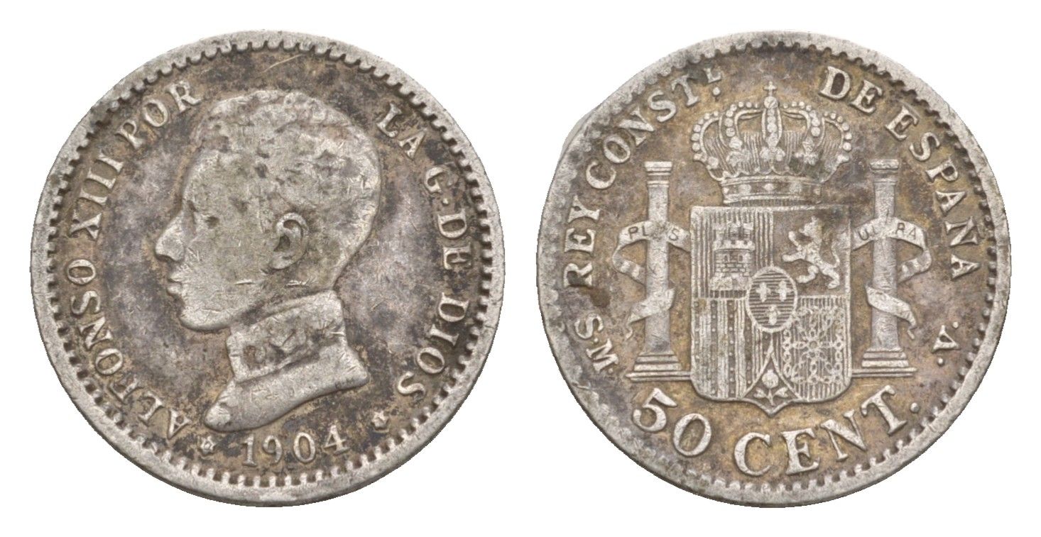 Испания 50 сентимо 1904 (04) Альфонсо XIII (1886-1931), год-тип KM 723 серебро    4658-1122