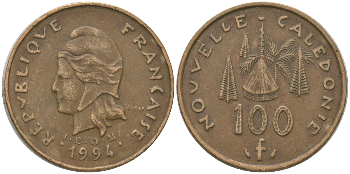 Французская Новая Каледония 100 франков 1994 хижина среди сосен и пальм, (IEOM) KM 15, Schoen 16, Lec 138 никель латунь 4140-745