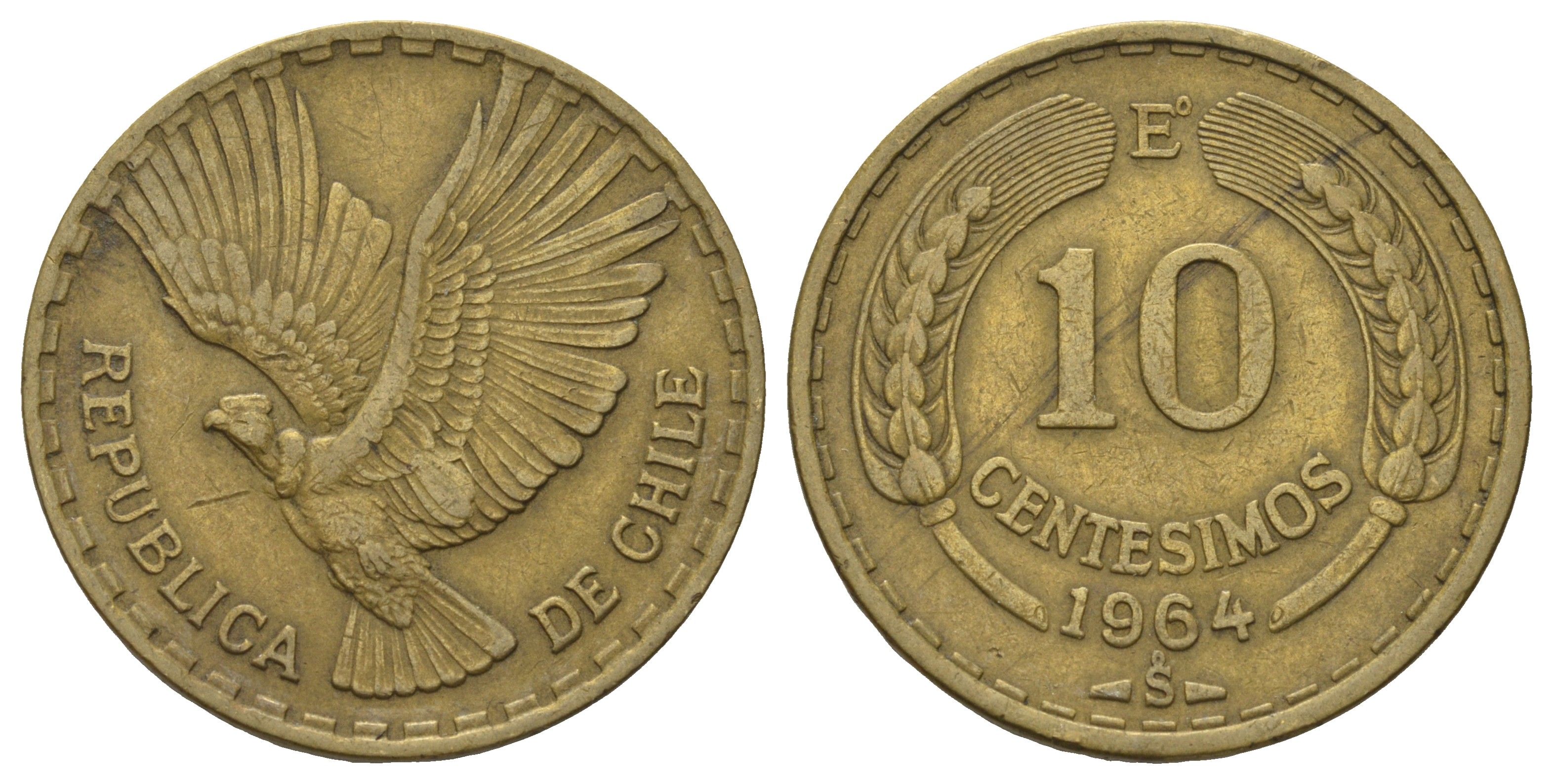 Чили 10 сентесимо 1964 KM 191 алюминиевая бронза 4172-847