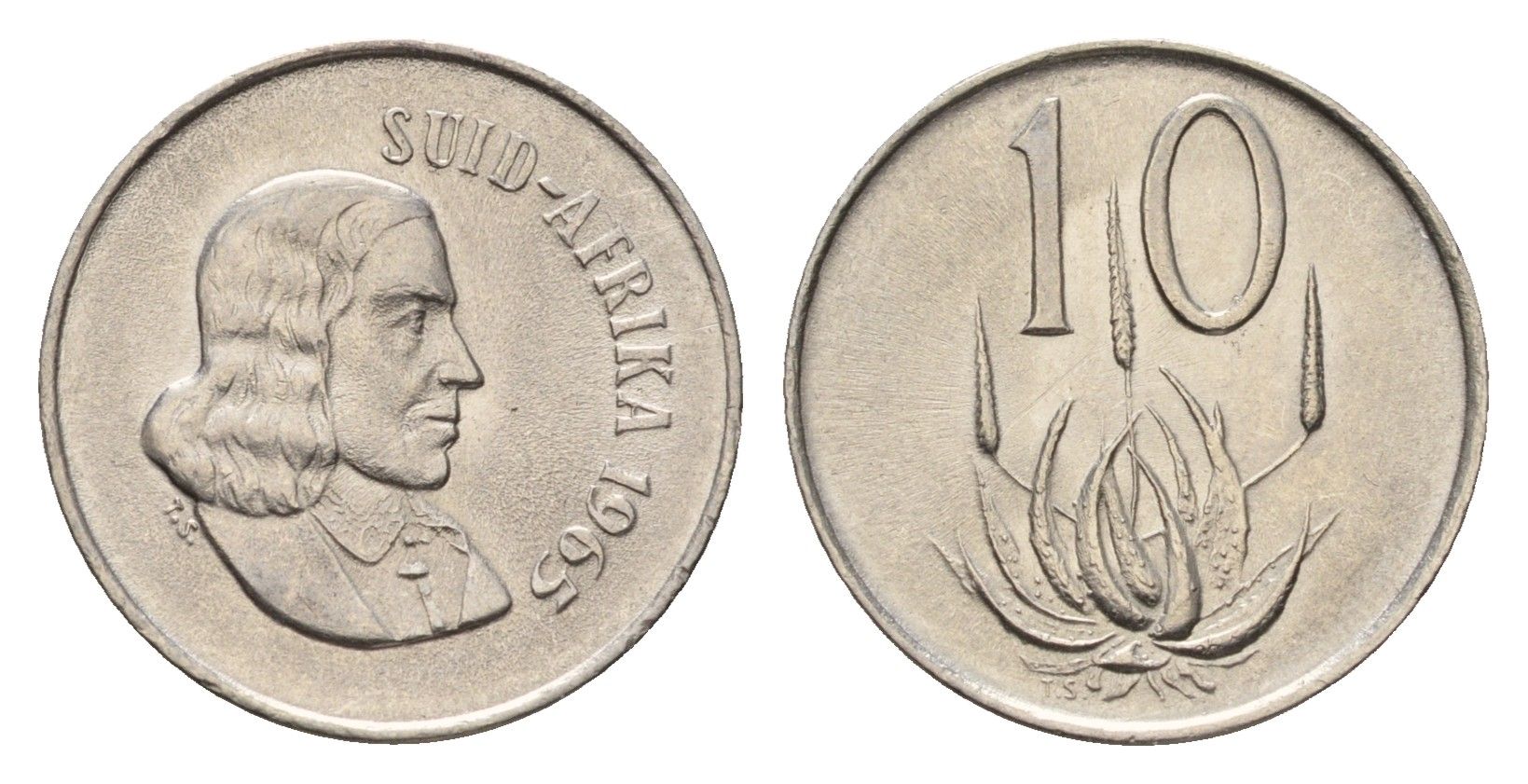 ЮАР 10 центов 1965 Ян ван Рибек (1619-1677), Suid Africa, легенда на африкаанс, цветок алоэ KM 68.2 никель UNC 4679-151