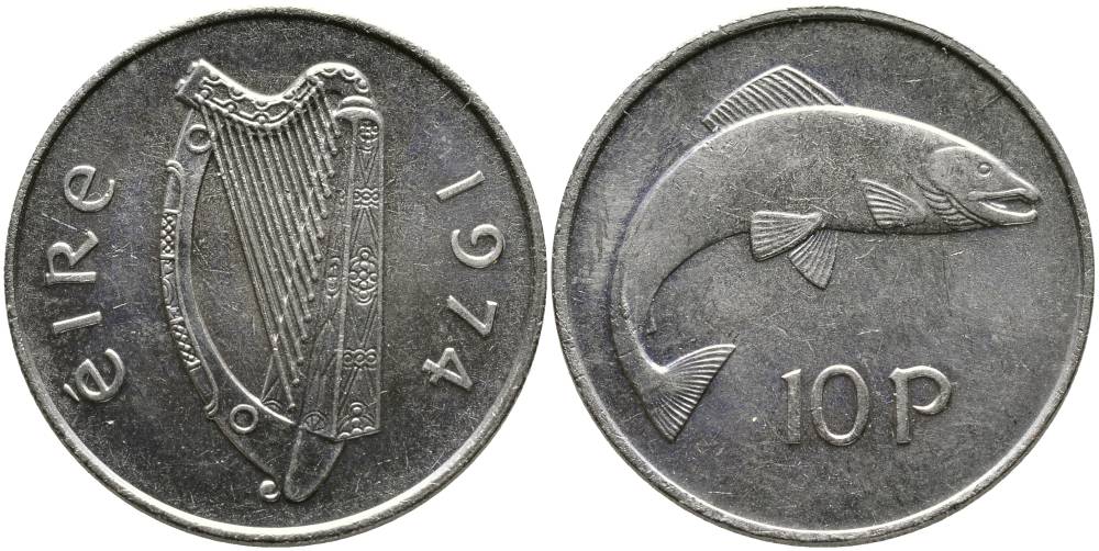 ИРЛАНДИЯ 10 ПЕНСОВ 1974 ЛОСОСЬ KM 23 медно-никель 4531-733