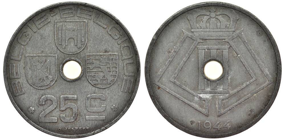 БЕЛЬГИЯ 25 САНТИМОВ 1944 BELGIE-BELGIQUE, ГЕРМАНСКАЯ ОККУПАЦИЯ, ВТОРАЯ МИРОВАЯ ВОЙНА KM 132 цинк 27-946