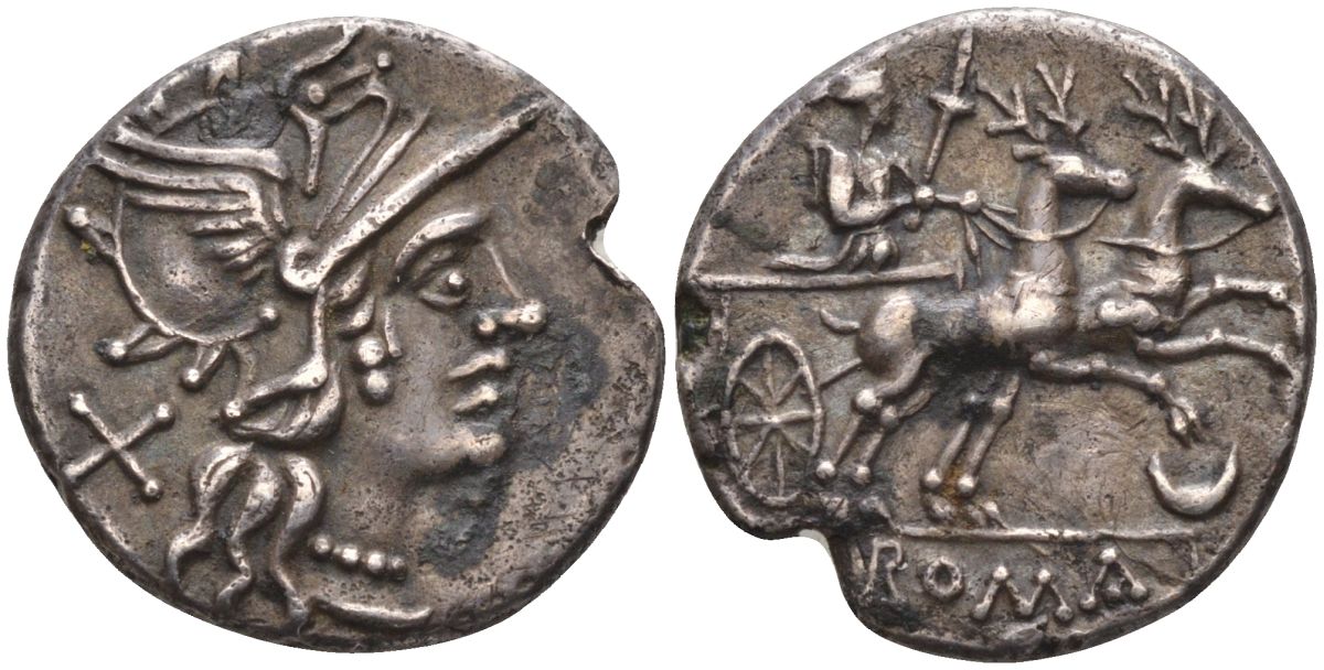 Римская Республика денарий 143 г. до н.э. голова Ромы в шлеме, X (обозначение номинала) / Диана в биге, запряженной оленями, полумесяц, ROMA, Рим, 3,34 гр Cr. 222/1; Syd. 438 серебро 1073-5-3-4