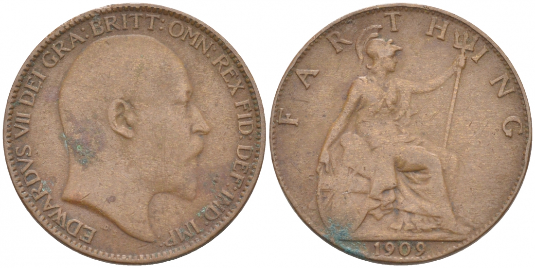 Великобритания 1 фартинг 1909 Эдуард VII (1901-1910), KM 792, Spink 3992 бронза 187-137
