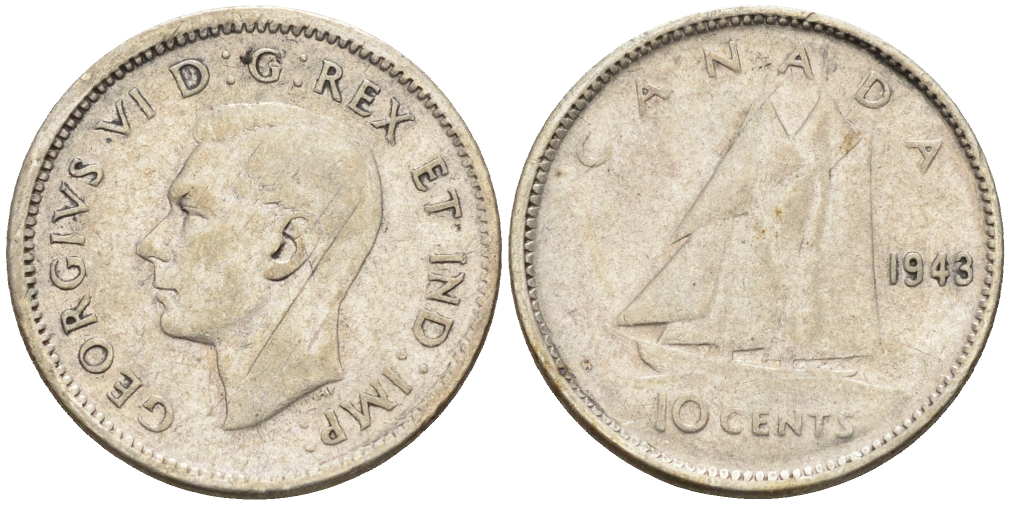 Канада 10 центов 1943 Георг VI (1936-1952), парусник KM 34 серебро 4147-369