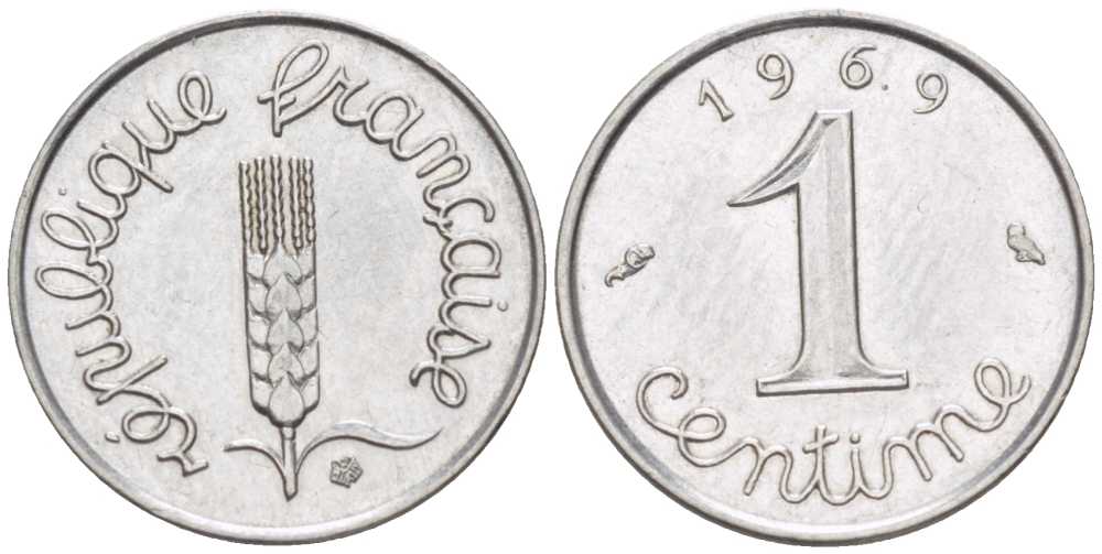 ФРАНЦИЯ 1 САНТИМ 1969 KM 928 хромированная сталь 66-539