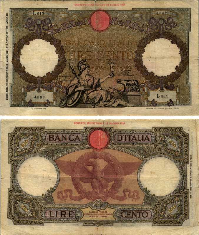 Италия 100 лир 1940 19 декабря 1940 Pick 55b, Grapanzano 252B бумага 00-00