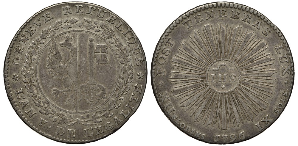 Швейцария, Женева 12 флоринов - 9 солей (XII florins / IX sols) 1796 IHS KM 112, Dav. 1770 серебро 00-000-00