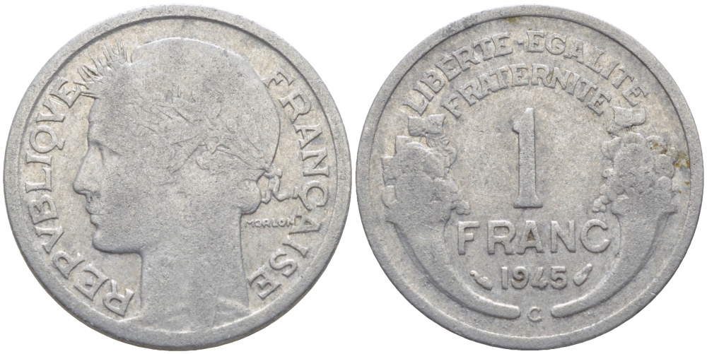 ФРАНЦИЯ 1 ФРАНК 1945 С KM 885а.3 алюминий 4448-322