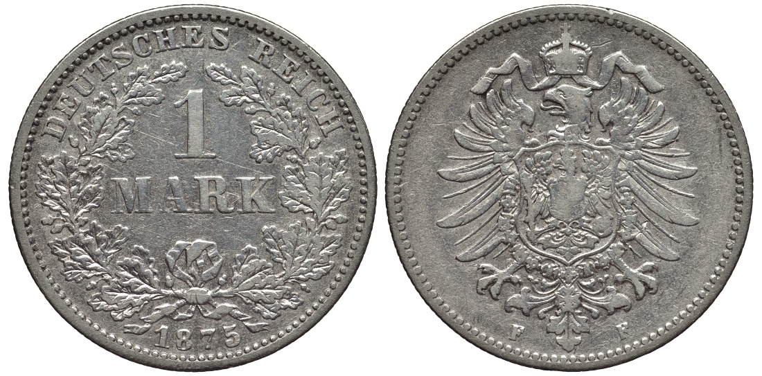 Германия 1 марка 1875 F, Weege 17, J. 9, KM 7 серебро 443-943
