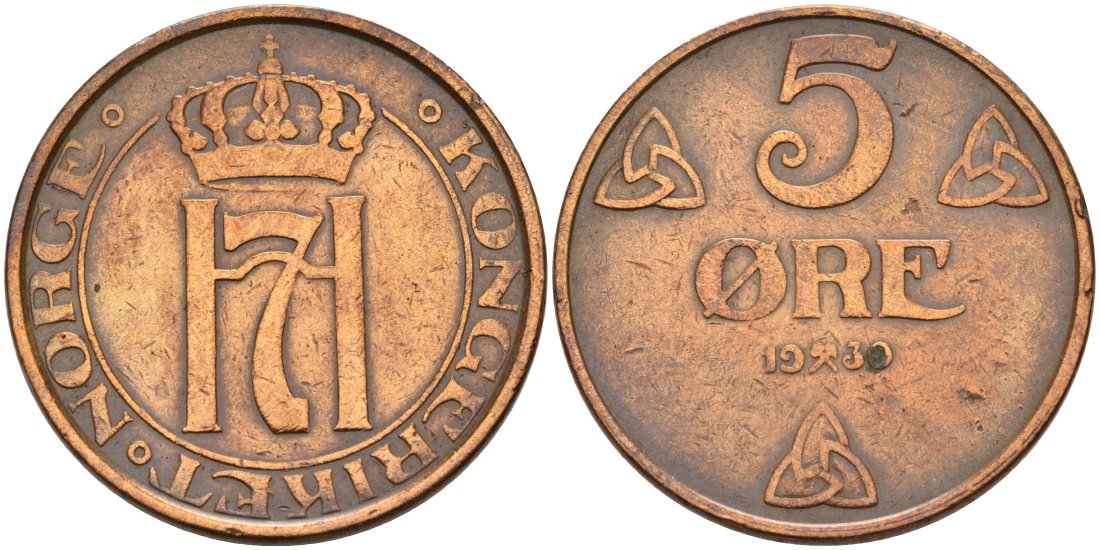 Норвегия 5 эре 1930 Хокон VII (1905-1957) KM 368 бронза 4571-825