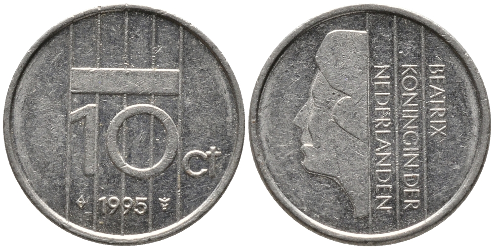 НИДЕРЛАНДЫ 10 ЦЕНТОВ 1995 БЕАТРИКС KM 203 никель 96-1255