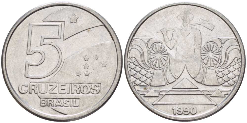 Бразилия 5 крузейро 1990 фермер KM 618.1 нержавеющая сталь 3457-912