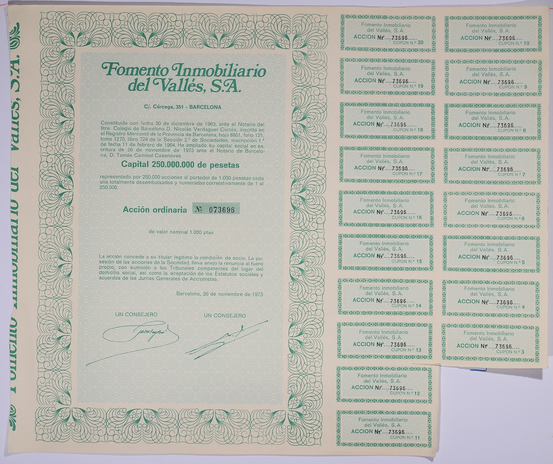 Испания акция на 1000 песет 1973 Fomento Inmobiliario del Valles, S.A., Барселона 1973, с купонами бумага 5548-32-1-2