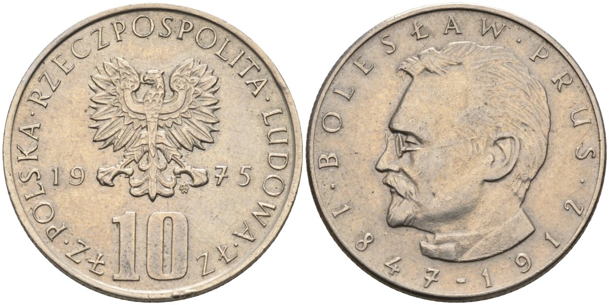 Польша 10 злотых 1975 MW, Болеслав Прус KM 73, Parchimowicz 242a медно-никель 4556-1232