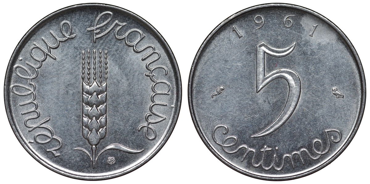Франция 5 сантимов 1961 KM 927, Le Franc 124.3 хромированная сталь 4128-133