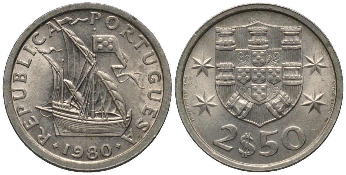 Португалия 2,5 эскудо 1980 парусник KM 590 медно-никель 4608-956