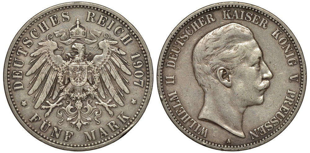 Пруссия 5 марок 1907 Вильгельм II (1888-1918) KM 523, J. 104 серебро 603-1245