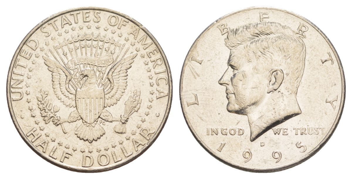 США 1/2 доллара (50 центов) 1995 D, Джон Кеннеди KM A202b медь плакированная медно-никелем aUNC 4382-721