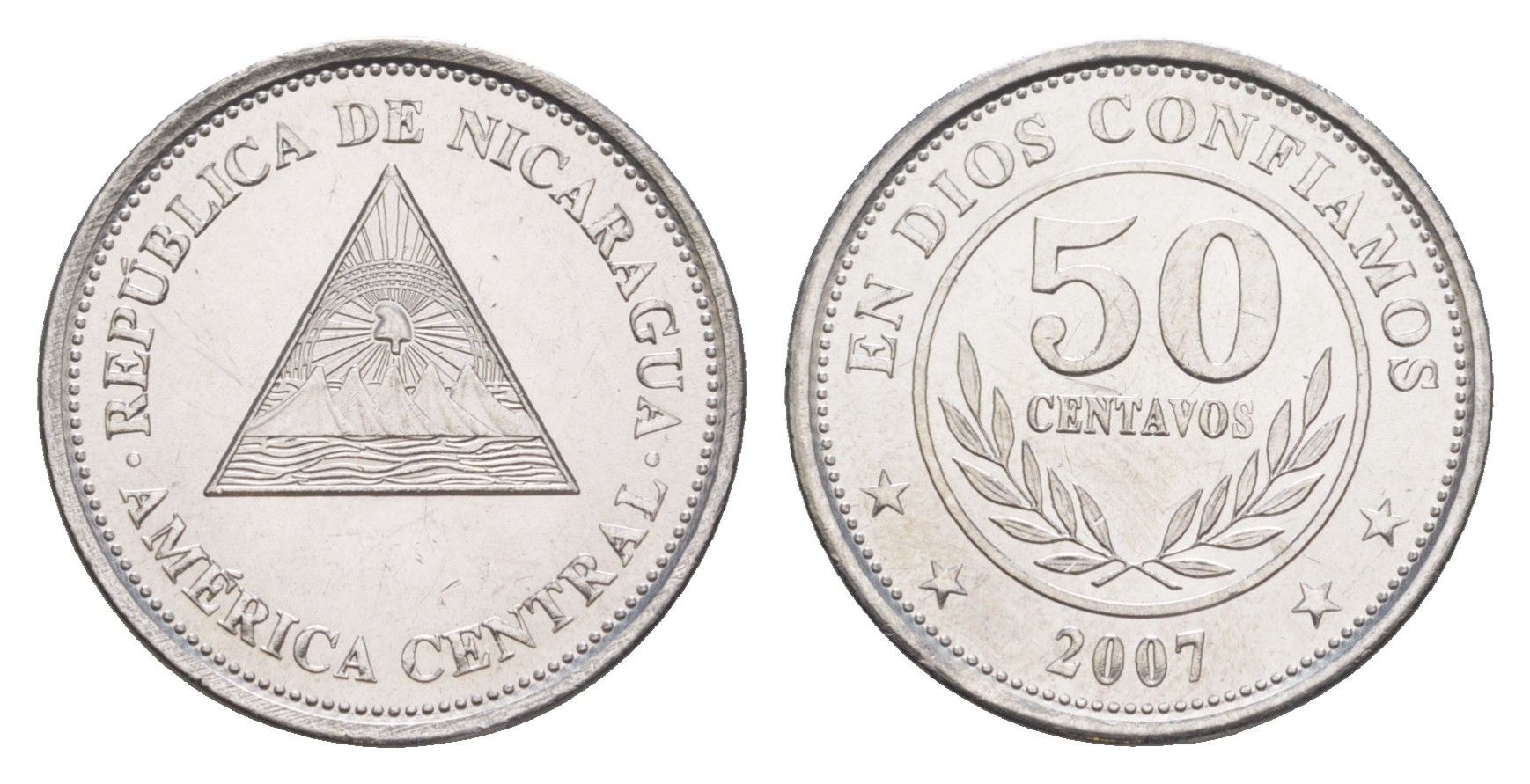 Никарагуа 50 сентаво 2007 KM 88b сталь плакированная никелем UNC 4640-1047