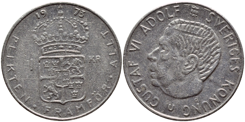 Швеция 1 крона 1973 Густав VI Адольф (1950-1973) KM 826а медь плакированная медно-никелем 4395-217