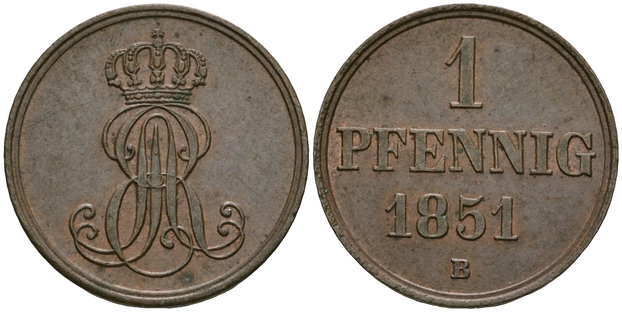 Ганновер 1 пфенниг 1851 B, Эрнст Август (1837-1851) KM 201.1, AKS 129, J. 74 медь 4608-1122