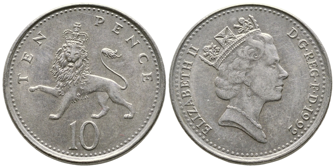 Великобритания 10 пенсов 1992 Елизавета II (1952-2022) KM 938b, Spink 4367 (F4) медно-никель 3999-1023