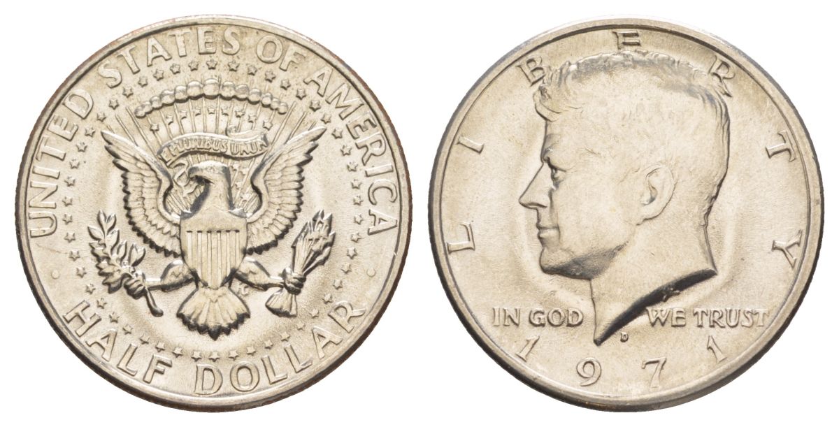 США 1/2 доллара (50 центов) 1971 D, Джон Кеннеди KM 202b медь плакированная медно-никелем aUNC 215-1245